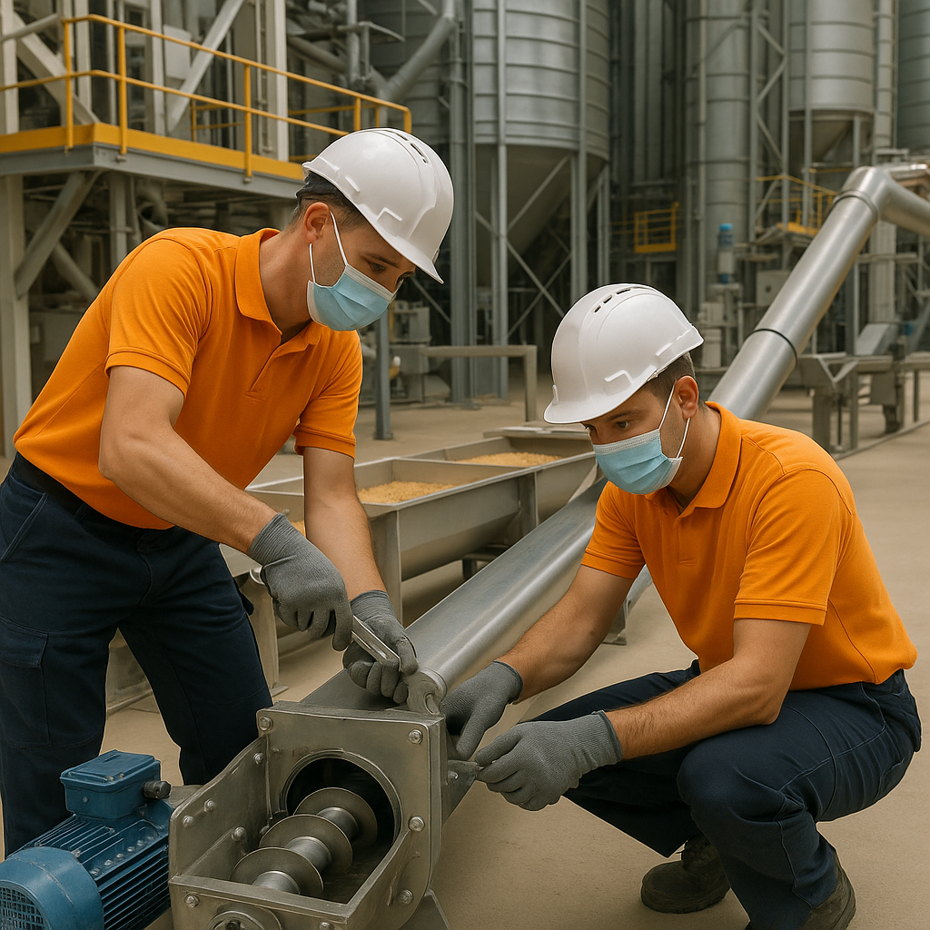 Operarios en una planta industrial española ajustando un sinfín de transporte de cereal.